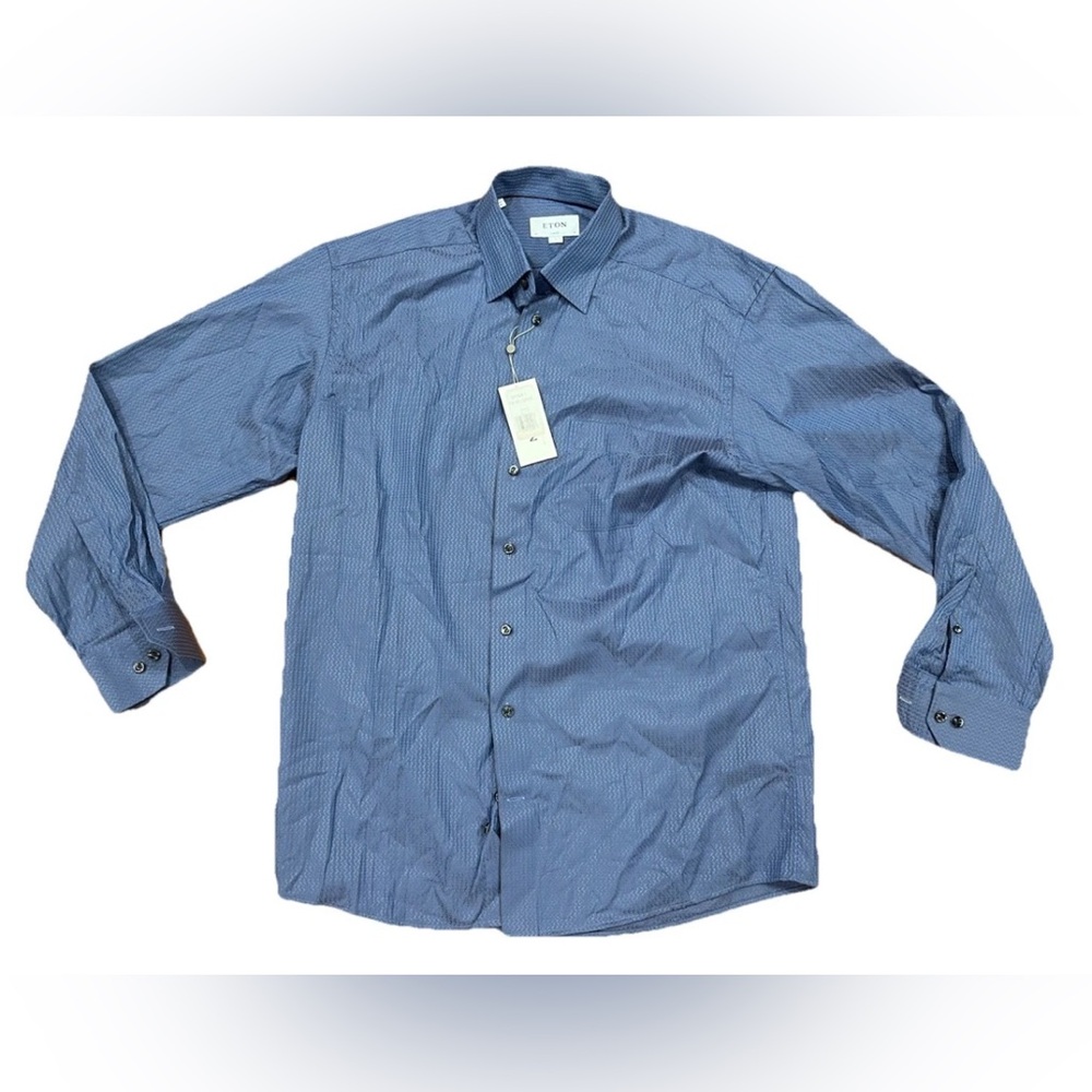 Eton Shirt Button Up Dress Mens Large Classic Blue Geometric Jacquard New